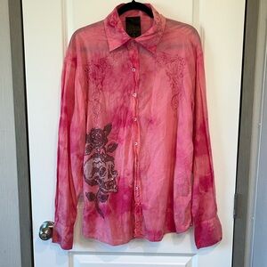 ARTINE Acid Wash Button Up Shirt Embroidered Y2K Rock Avant Garde Gothic